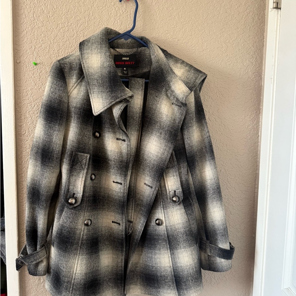 Miss Sixty Women's Checkered Peacoat - Black and Cream